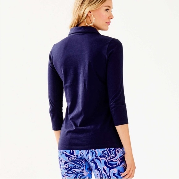 Lilly Pulitzer Shirt Ansley Polo Top True Navy Blue Button Placket Pima Cotton L - Picture 10 of 10